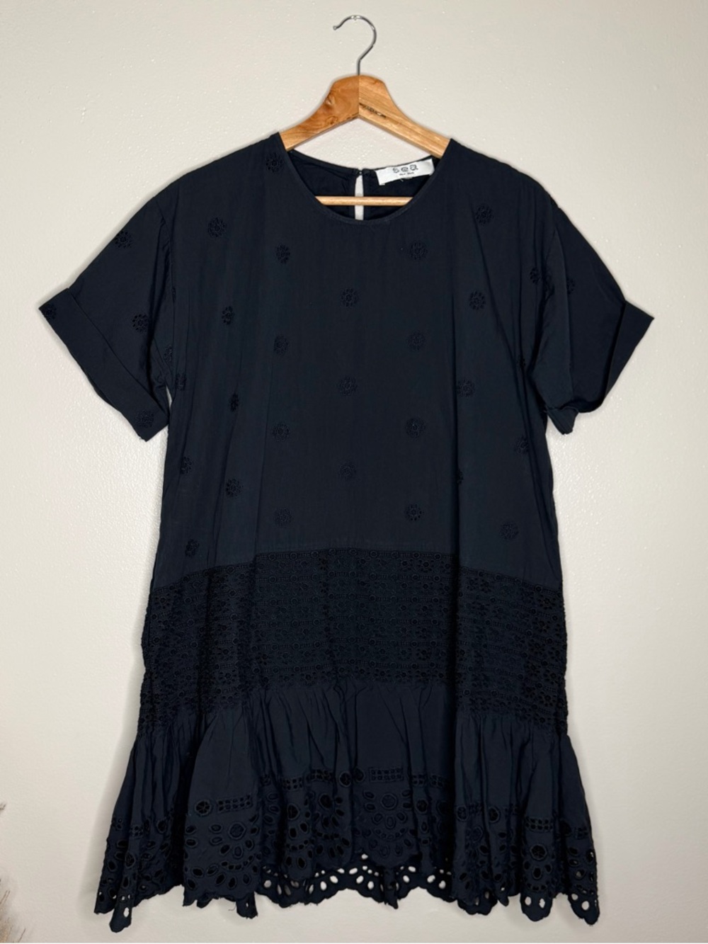 Sea New York Elysse Broderie Anglaise Cotton Mini Dress Black Women's Large - Picture 3 of 9